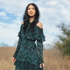 Tanya Taylor Silk Cold Shoulder Tiered Althea Dress Midi Floral